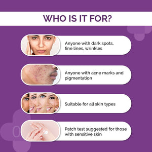 the derma co 0.3% retinol face serum is for dark spots, pigmentation, acne marks and for all skin types